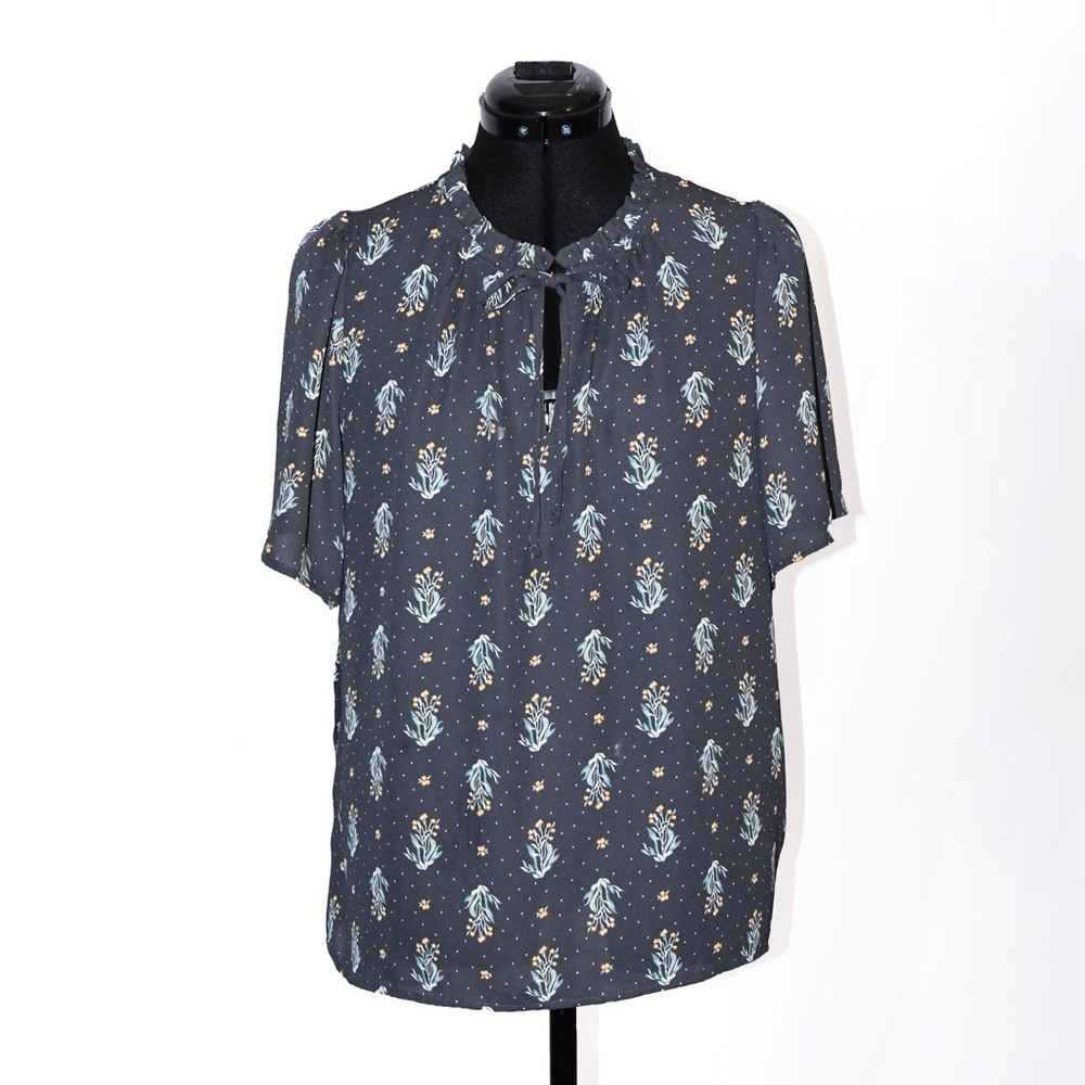 High-neck Blouse Short Puff Sleeve Floral